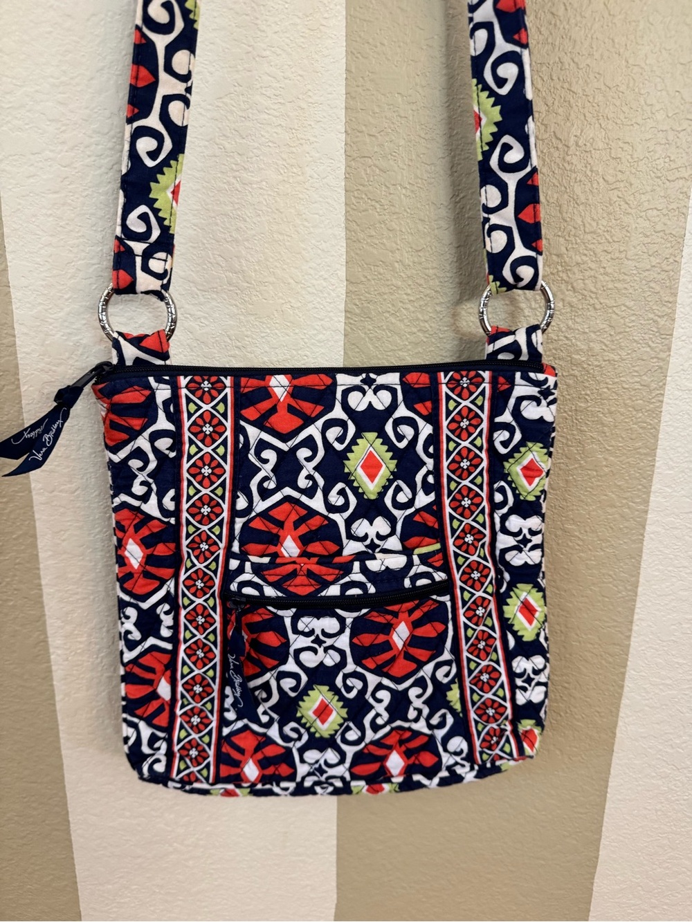 Vera Bradley Navy, Orange & White Quilted Crossbody with Lime Accents